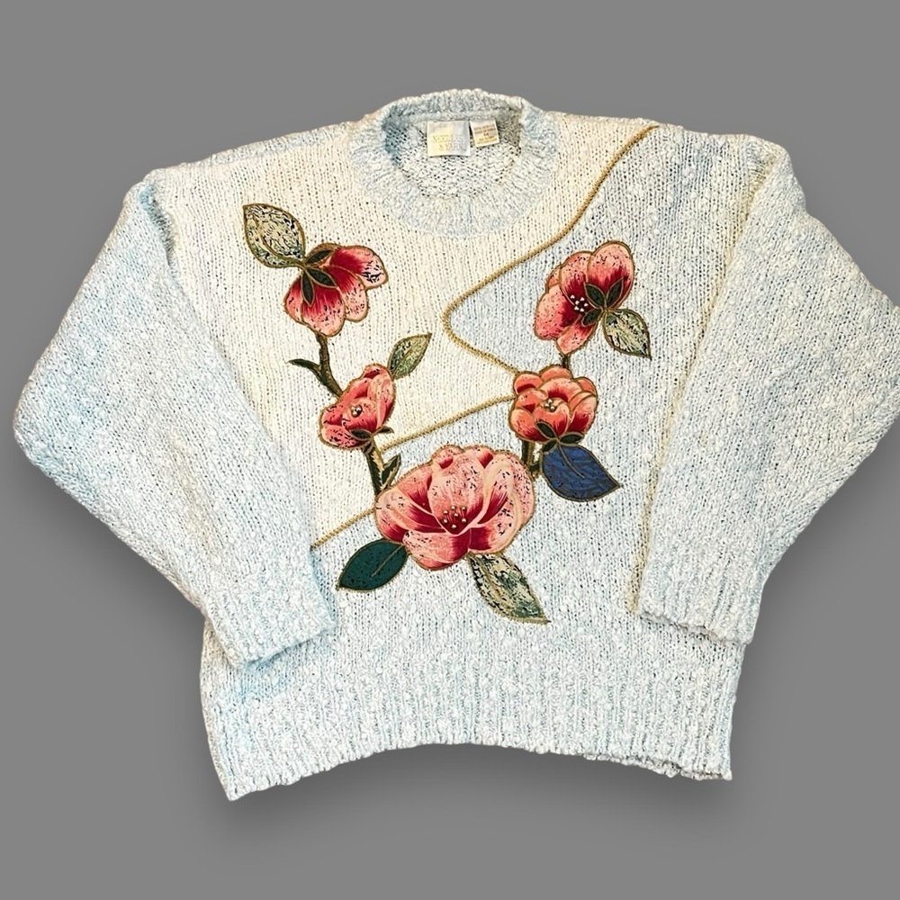Needles & Yarn Sweater Pullover Applique Flowers Gold Trim Medium Vintage 80s